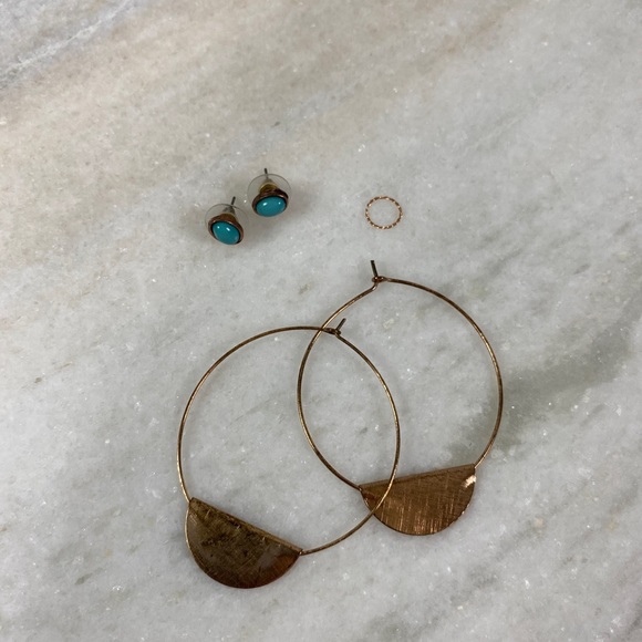 Copper Hoops, Turquoise Copper Studs, and Twisted Rose Gold Cartilage Hoop - Picture 2 of 2